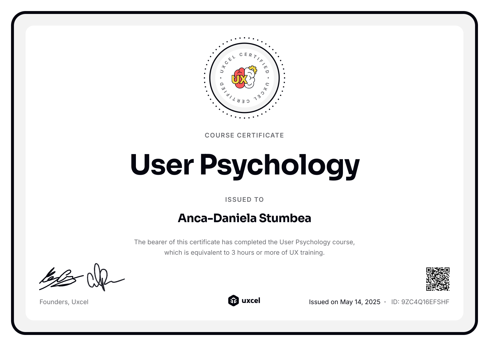 Anca-Daniela Stumbea's certificate